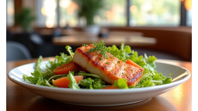 A beautifully plated healthy meal – fresh salad with grilled salmon – in a bright, inviting restaurant setting.