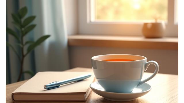 A tranquil morning scene with a cup of tea, journal, and soft light, symbolizing an optimized morning routine